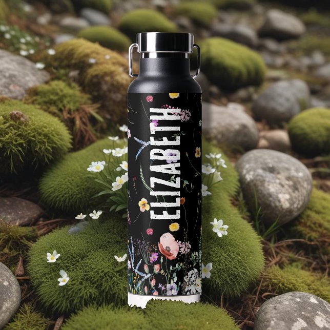 Botella De Agua Jardín de flores silvestres (Wildflower garden design on dark background on a copper vacuum insulated water bottle)