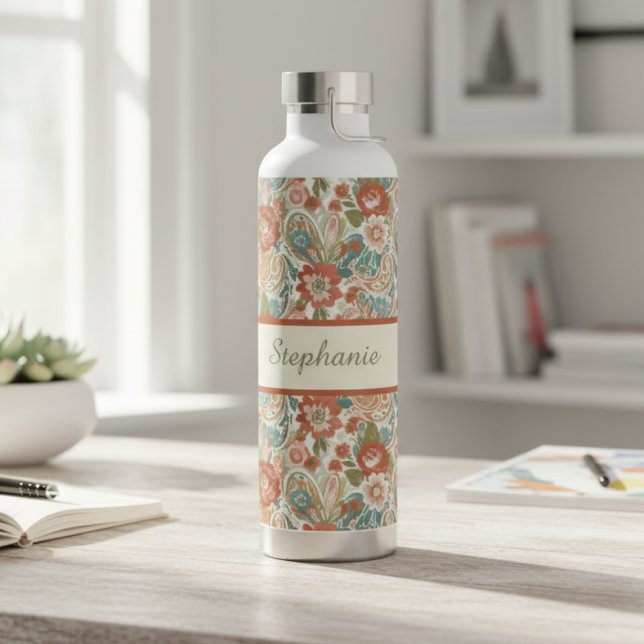 Botella De Agua Jardín de flores silvestres bohemio (Boho heirloom floral personalized water bottle)
