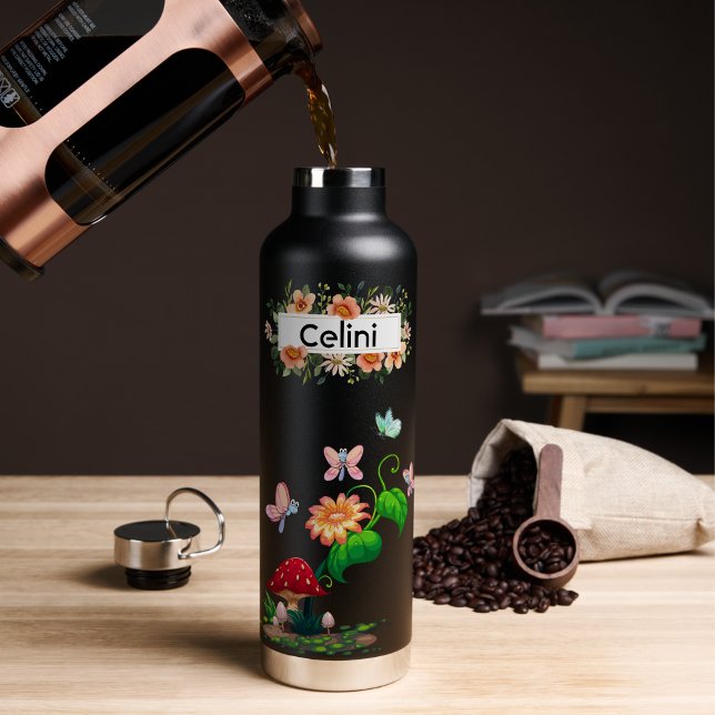 Botella De Agua Jardín de Mariposas de Flores Silvestres con Nombr (Personalized Name Wildflower Butterfly Garden Water Bottle)