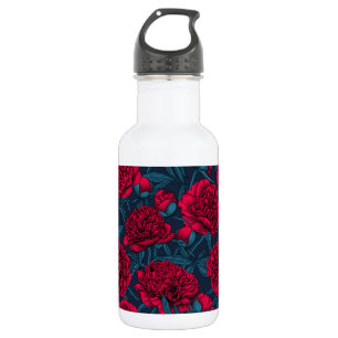 Botella De Agua Jardín de peones rojos en azul oscuro