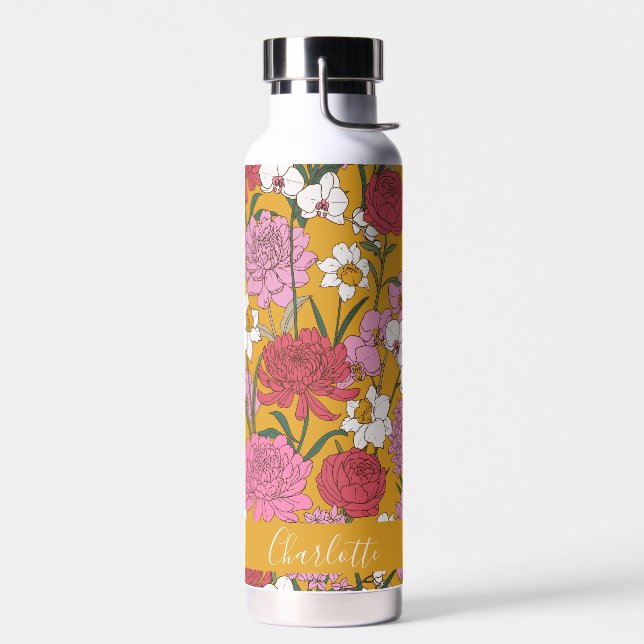 Botella De Agua Jardín Floral Boho Amarillo Nombre Personalizado (Izquierdo)