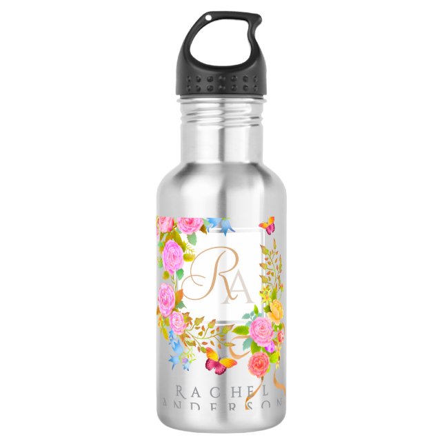 Botella De Agua Jardín romántico florecido con monograma  (Anverso)