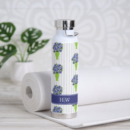 Botella De Agua Jarrón Floral Costero de Hortensia Azul Monograma