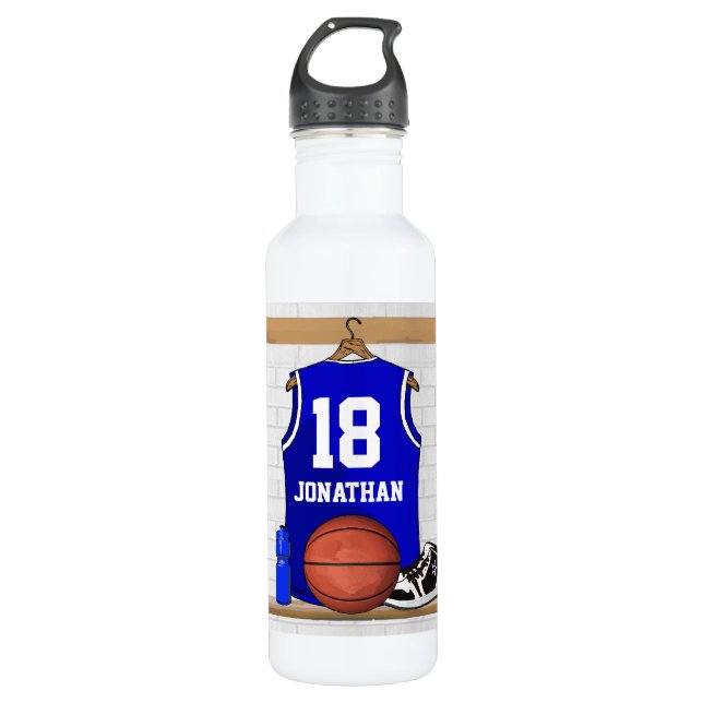 Botella De Agua Jersey azul y blanco personalizado del baloncesto (Anverso)