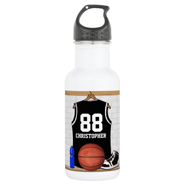 Botella De Agua Jersey de baloncesto blanco y negro personalizado (Anverso)