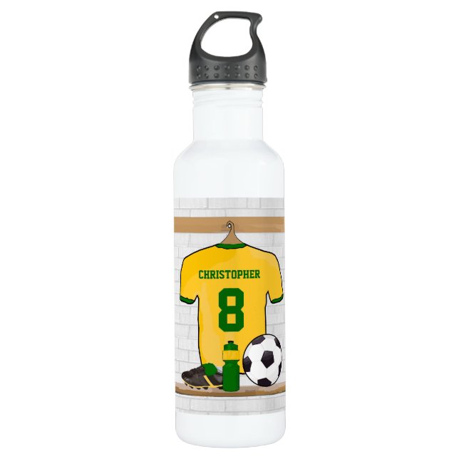 Botella De Agua Jersey de fútbol amarillo verde personalizado (Anverso)