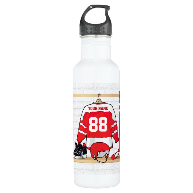 Botella De Agua Jersey rojo y blanco personalizado del hockey (Anverso)