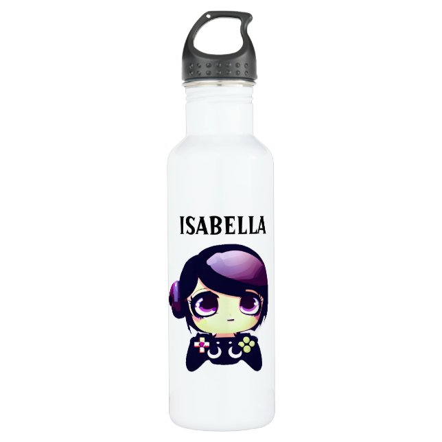 Botella De Agua Juego personalizado de Kawaii Anime Chica Gamer (Anverso)