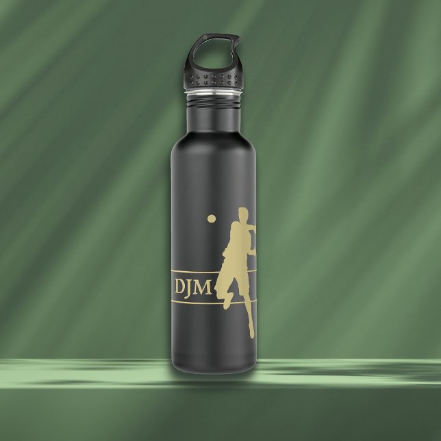 Botella De Agua Jugador de tenis masculino Monograma Gold Silhouet (Subido por el creador)