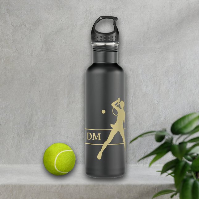 Botella De Agua Jugadora de tenis femenina de Monograma Gold Silho (Subido por el creador)