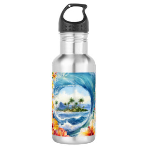 Botella De Agua Kai Aloha Hibiscus Acuarela Ola 