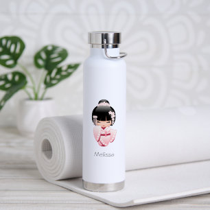 Botella De Agua Kimono Rosa Chica Kokeshi Kawaii con Nombre Person