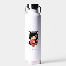 Botella De Agua Kitsune Kokeshi Doll - Chica negro Fox Geisha