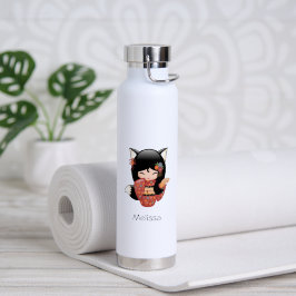 Botella De Agua Kitsune Kokeshi Doll - Chica negro Fox Geisha