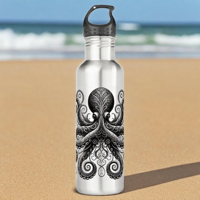 Botella De Agua Kraken Steampunk Octopus Ornate Black (Subido por el creador)
