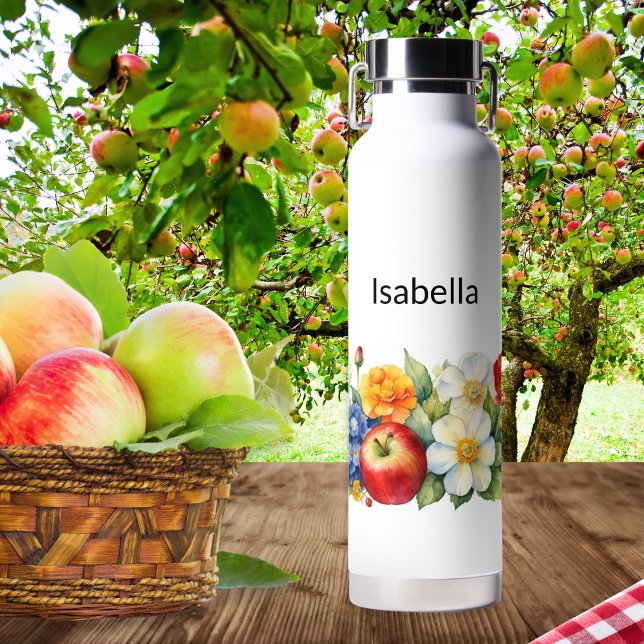 Botella De Agua La fruta y las flores de Apple Marigold (A personalized metal water bottle, with rustic, nature themed design of an apple with flowers)
