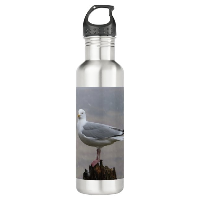 Botella De Agua La gaviota en el poste mientras nevaba (Anverso)