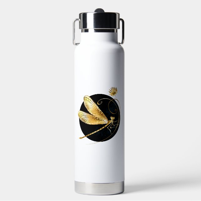 Botella De Agua La libélula dorada en círculo negro (Frente)
