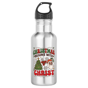 Botella De Agua La Navidad Comienza Cristo Papá Noel Árbol Copo de