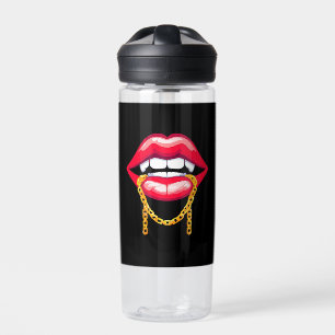 Botella De Agua Labios rojos mordiendo una cadena dorada elegante