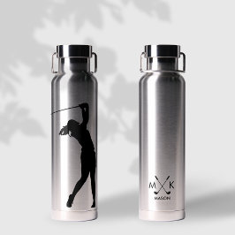 Botella De Agua Lady Silver Con Monograma De Golfer Moderno Negro
