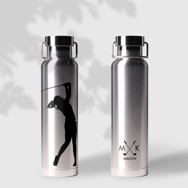 Botella De Agua Lady Silver Con Monograma De Golfer Moderno Negro (Subido por el creador)
