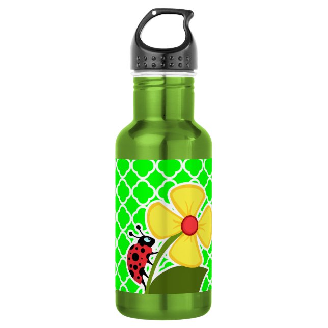 Botella De Agua Ladybug en Electric Green Quatrefoil (Anverso)