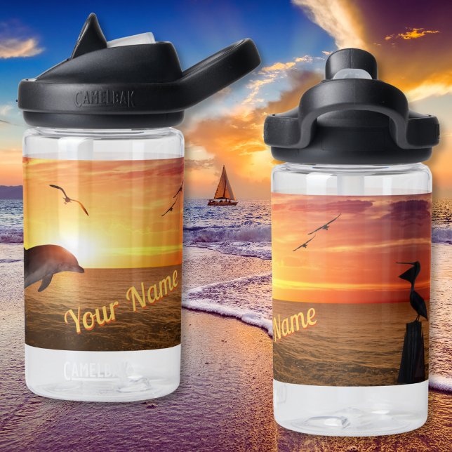 Botella De Agua Lane oceánica al atardecer, delfines, gaviotas, pe (Personalized Water Bottle, Beach. Children's water bottles. Ocean Sunset, Dolphins and Pelican.)