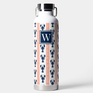 Botella De Agua Langosta Preppy - Coral Greek Key y Monograma Azul