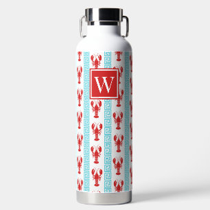 Botella De Agua Langosta Preppy Griega Rojo y Turquesa Monograma