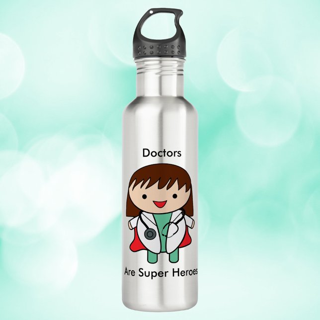 Botella De Agua Las médicos son súper heros Kawaii (A water bottle with a picture of a female doctor and the text, "Doctors Are Super heroes".)