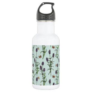 Botella De Agua Lavanda y mariposas en vidrio marino