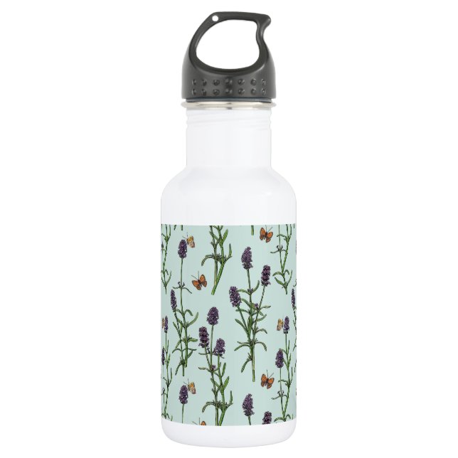 Botella De Agua Lavanda y mariposas en vidrio marino (Anverso)