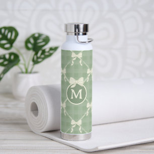 Botella De Agua Lazos Coquette Gingham Monograma Crema Verde Salvi