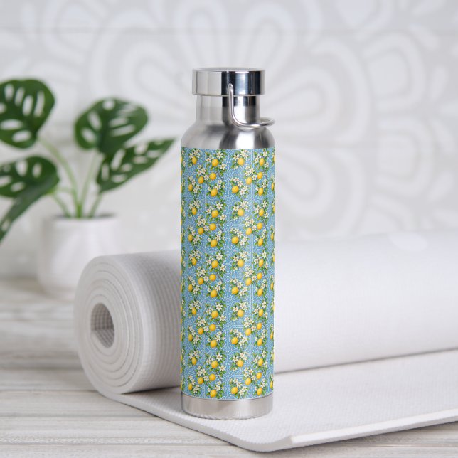 Botella De Agua Lemon Watercolor Blue Mediterranean Tile Pattern (Yoga)