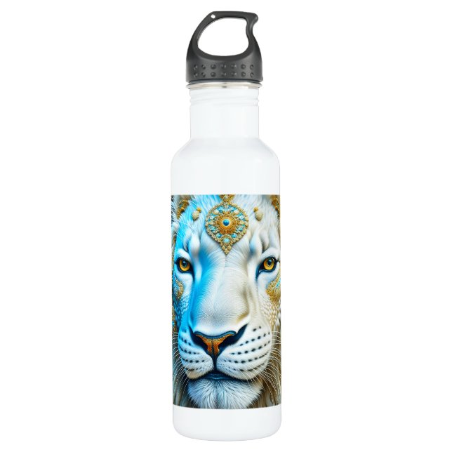Botella De Agua León blanco y oro majestuoso (Anverso)