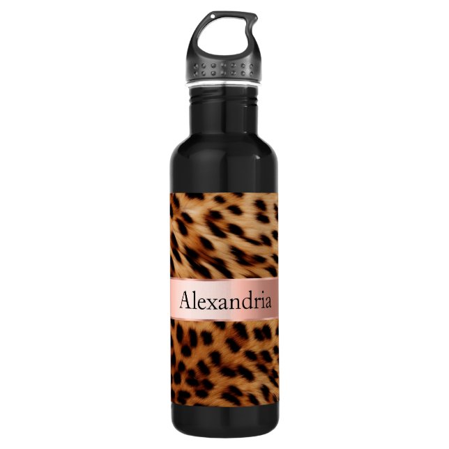 Botella De Agua Leopard Animal Rosa Rosa Ribbon Nombre (Anverso)