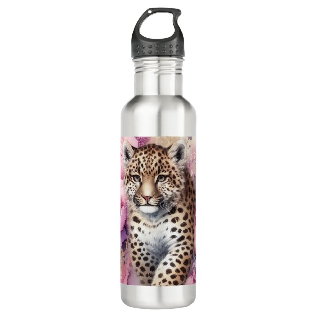 Botella de agua Leopard Cub & Rosas (Anverso)