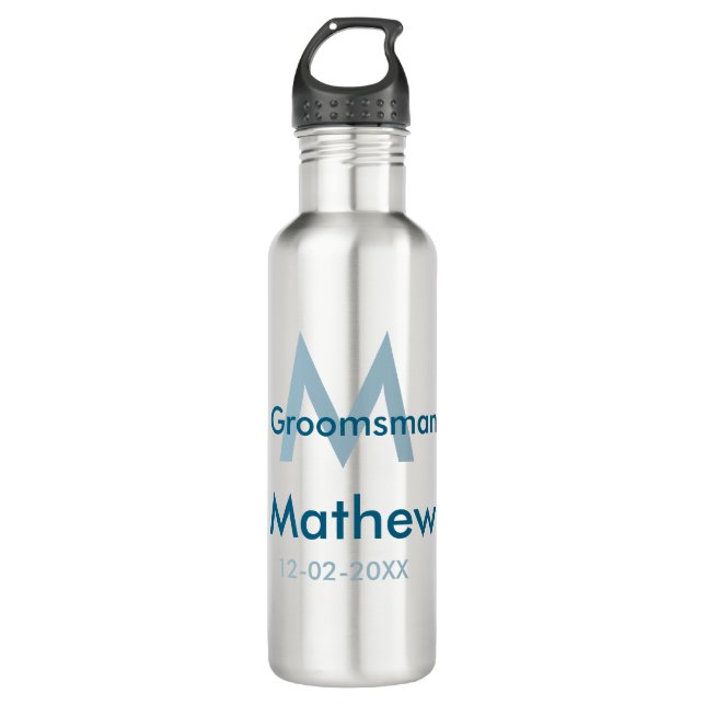 Botella De Agua Letra azul marino groomsman fecha masculina por (Anverso)