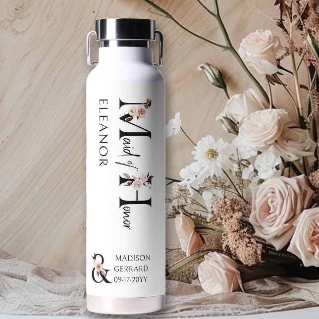 Botella De Agua Letra floral neutra Boda Boho dono de honor (Bridal party gift to personalize for your Maid of Honor)