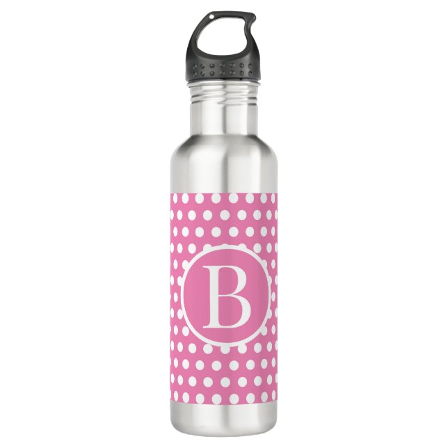 Botella De Agua Letra inicial del personalizado Punto Polka Rosa (Anverso)