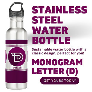 Botella De Agua Letra monograma (D) de nombre elegante Personaliza