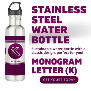 Botella De Agua Letra monograma (K) de nombre elegante Personaliza