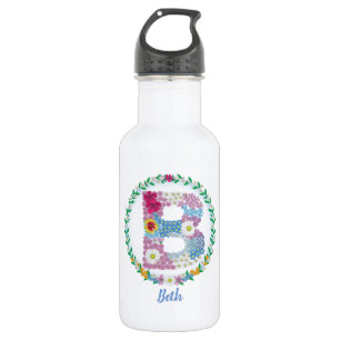 Botella De Agua Letras florales iniciales "B" con nombre personali