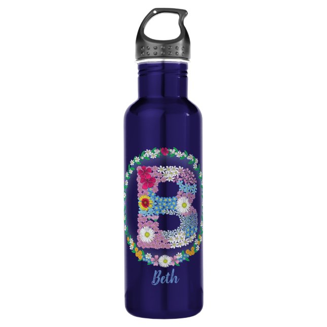 Botella De Agua Letras florales iniciales "B" con nombre personali (Anverso)