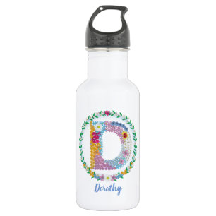 Botella De Agua Letras florales iniciales "D" con nombre personali
