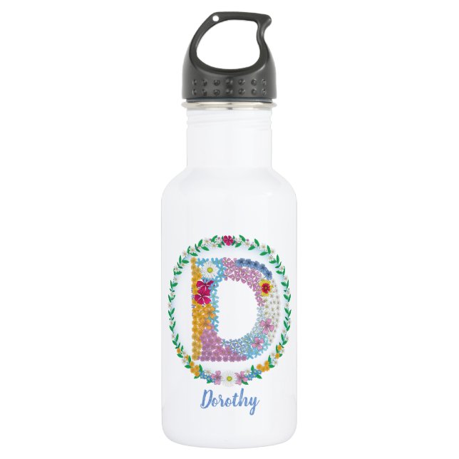 Botella De Agua Letras florales iniciales "D" con nombre personali (Anverso)