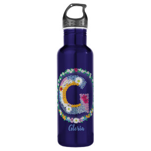 Botella De Agua Letras florales iniciales "G" con nombre personali
