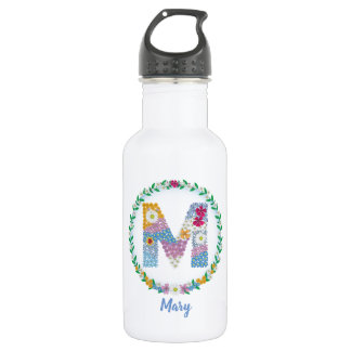 Botella De Agua Letras florales iniciales "M" con nombre personali