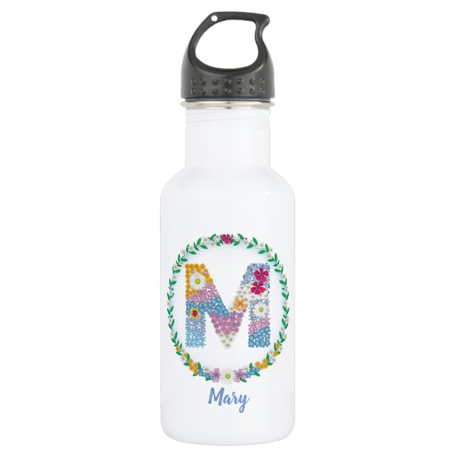 Botella De Agua Letras florales iniciales "M" con nombre personali (Anverso)